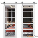 Quadro 4522 Matte White Double Barn Door with Clear Glass | Black Rail