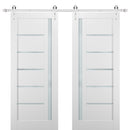 Quadro 4088 Matte White Double Barn Door with Frosted Glass and Silver Finish Rail