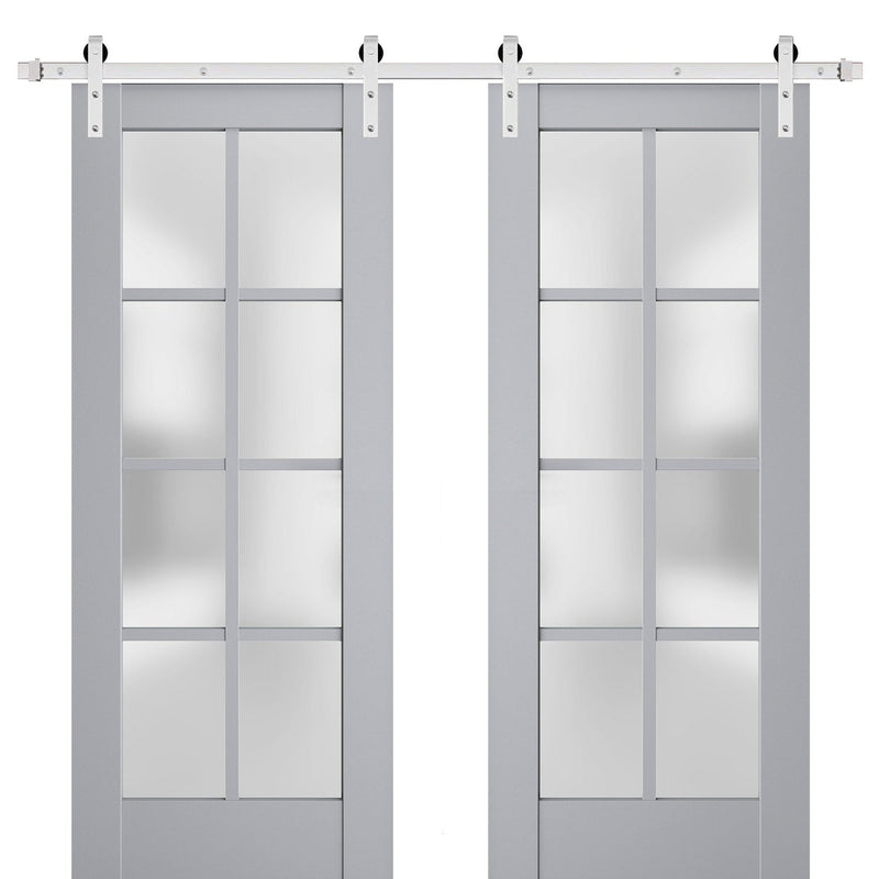 Veregio 7412 Matte Grey Double Barn Door with Frosted Glass and Silver Finish Rail