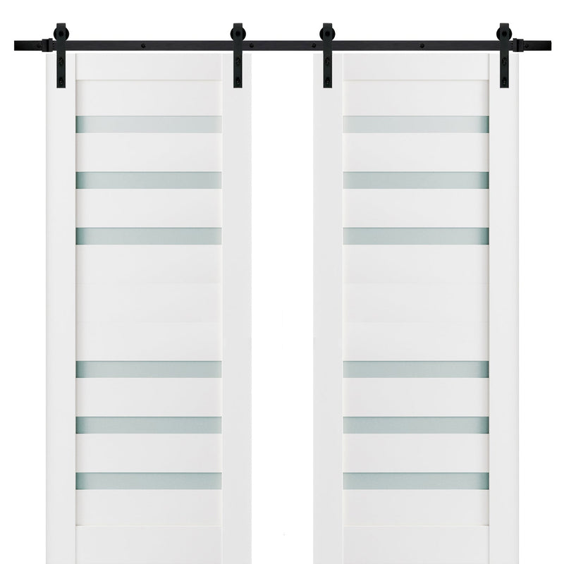 Quadro 4266 White Silk Double Barn Door with Frosted Glass and Black Rail