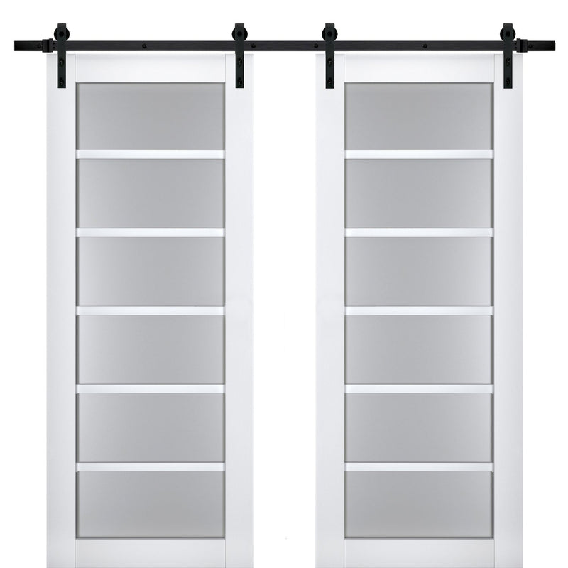 Veregio 7602 Matte White Double Barn Door with Frosted Glass and Black Rail