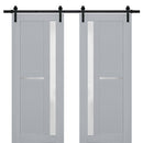 Veregio 7288 Matte Grey Double Barn Door with Frosted Glass and Black Rail