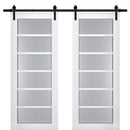 Veregio 7602 Matte White Double Barn Door with Frosted Glass and Black Rail