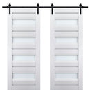 Veregio 7455 Matte White Double Barn Door with Frosted Glass and Black Rail