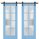 Veregio 7412 Aquamarine Double Barn Door with Frosted Glass and Black Rail