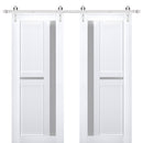 Veregio 7288 Matte White Double Barn Door with Frosted Glass and Silver Finish Rail