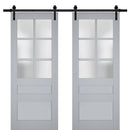 Veregio 7339 Matte Grey Double Barn Door with Frosted Glass and Black Rail