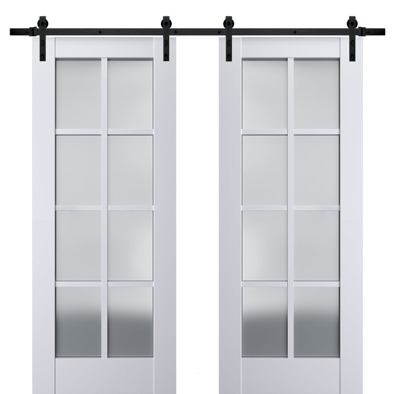 Veregio 7412 Matte White Double Barn Door with Frosted Glass and Black Rail