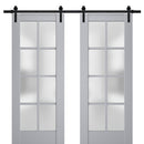Veregio 7412 Matte Grey Double Barn Door with Frosted Glass and Black Rail