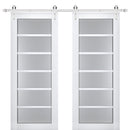 Veregio 7602 Matte White Double Barn Door with Frosted Glass and Silver Finish Rail