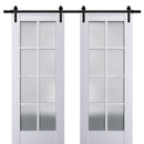 Veregio 7412 Matte White Double Barn Door with Frosted Glass and Black Rail