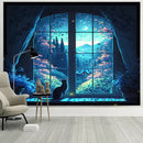 Dreamy window cat tapestry landscape wall cloth for bedroom