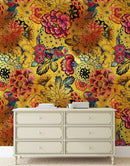 Japanese Art Koi Fish Peel and Stick Wallpaper. Gold Flowers Background.  Removable Wall Mural