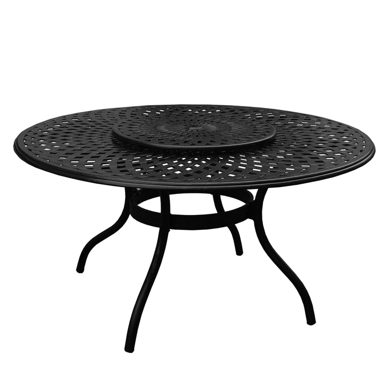 Aluminum 7pc Black Round Patio Dining Set, Lazy Susan, Six Chairs