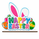 Happy Easter Wooden Tabletop Cutout With Bunny and Egg Artwork 6.5 Inches Tall
