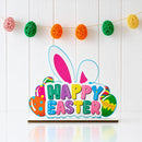 Happy Easter Wooden Tabletop Cutout With Bunny and Egg Artwork 6.5 Inches Tall
