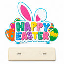 Happy Easter Wooden Tabletop Cutout With Bunny and Egg Artwork 6.5 Inches Tall