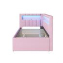 Upholstered Twin Size Platform Bed with USB Ports and LED Belt, With Trundle, Pink