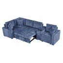 L-shaped Convertible Sofa Bed with Pull-Out Bed, Cup Holders, and Storage Space, Blue Chenille, 120.5'