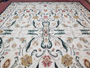 New Needlepoint Rug 9x12, Hand Woven Wool Area Rug, Flatweave Carpet, Handmade Chinese Needlepoint, Floral European Design, Ivory Background