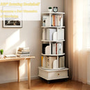 5 Tier Rotating Bookshelf with Wheels and Drawer, 360° Spinning Design, Space Saving Storage, for Home and Office, White MDF