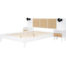 Queen Size Solid Wood Bed Frame with 2 Nightstands, Elegant Design with Lamps, Rattan and Wood Combination,White