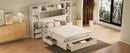 Full Size Pine Wood Platform Bed with All-In-One 2 Nightstand, Storage Shelf and Cabinet Bookcase with 2 Charging Stations, Multi-Functional Captain Bed Frame with 3 Drawers, No Box Spring Needed