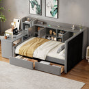 Twin Size Upholstered Daybed with Drawers, Shelves, Flip Cabinets & Side Table (Gray)