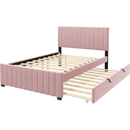 Full Size Velvet Upholstered Platform Bed with Twin Size Trundle, Pink