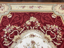 Large Aubusson Rug 10x14, Wool Handmade Vintage Carpet, Dark Red Ivory Tan, French European Elegant Aubusson Weave Rug