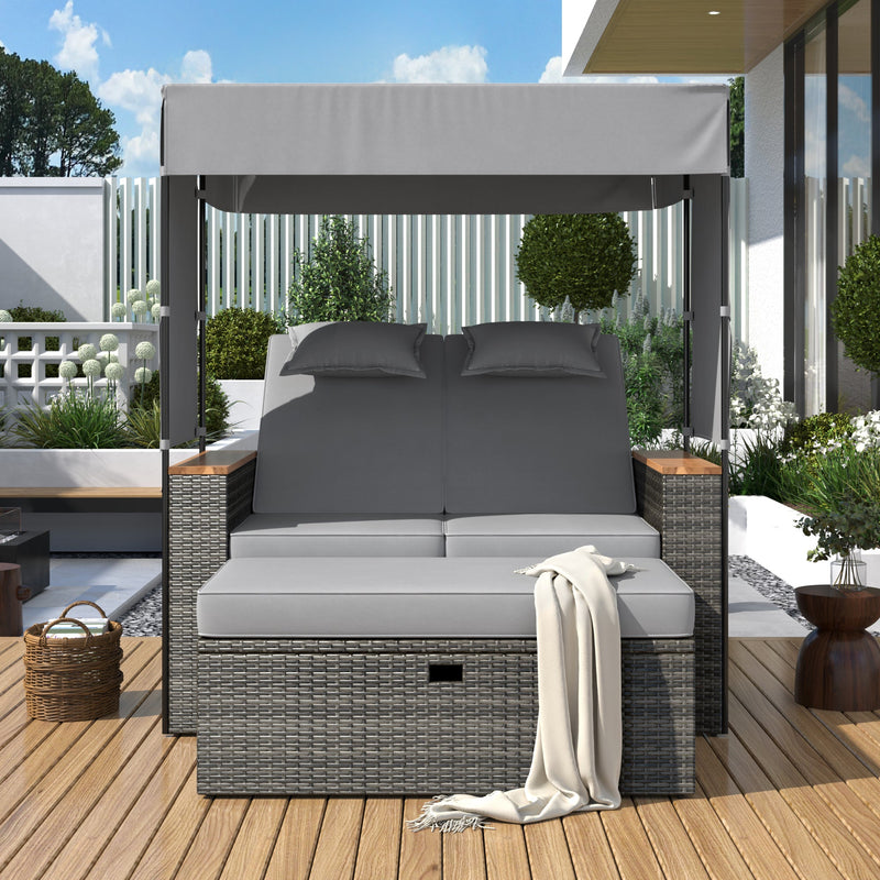 Walker Edison | Outdoor Patio 2-Piece Rattan Chairs and Bench Roof Set