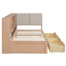 Wooden Twin Size L-shaped Daybed Corner Bed Under-bed Drawers  with Storage Bookcase and Upholstered Headboard and USB Charging Ports for Limited Space,Natural