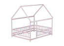 Full Size House Floor Wooden Bed with Roof Frame, Safety Guardrails,Pink