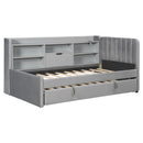 Twin Size Upholstered Daybed with Trundle, Storage Shelves, USB & Outlet (Gray)