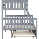 Twin Over Full Rubber Wood Bunk Bed with Trundle, Convertible Ladder and Guardrail, Detachable, Convertible Bed, with Twin Size Trundle  ,Grey