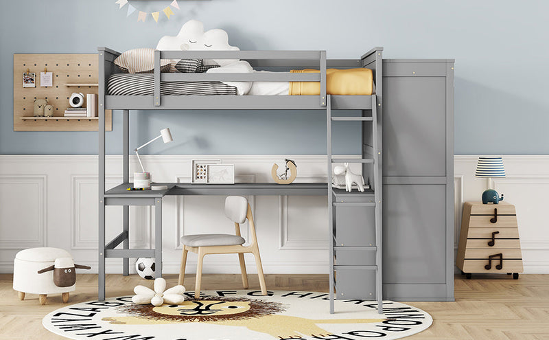 Full size Loft Bed with Desk, Shelves and Wardrobe-Gray