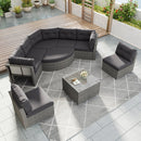 Elegant Patio Furniture Set Outdoor Daybed Rattan Sectional with Cushions and Center Table, Grey, Iron + Rattan