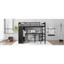 Full XL Size Loft Bed Frame with Built-in Wardrobe, Metal Loft Bed with Desk and Storage Shelves, Black