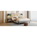 Queen Size Solid Wood Bed Frame with 2 Nightstands, Elegant Design with Lamps, Rattan and Wood Combination,Gray