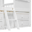 Full Size House Loft Bed with Roof, Windows,4 Storage Drawers,Pine Wooden Bed with Safety Guardrails,Ladder,White