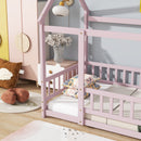 Twin Size House Floor Wooden Bed with Roof Frame,Safety Guardrails,Pink