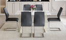 Table and chair set.55'x31.4' Cream-Style White MDF Dining Table Set with 6 Dark Gray Chairs With Silver Metal Legs.MDF Tabletop and metal frame legs.Adding a warm atmosphere to your family.