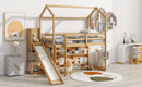 Walker Edison - Twin Size Wood House Loft bed with Slide, Storage shelves and Light, Climbing Ramp, Wood Color