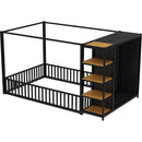 Full Size Floor Bed Frame with Wardrobe, Metal floor Bed with Storage Shelves, Black