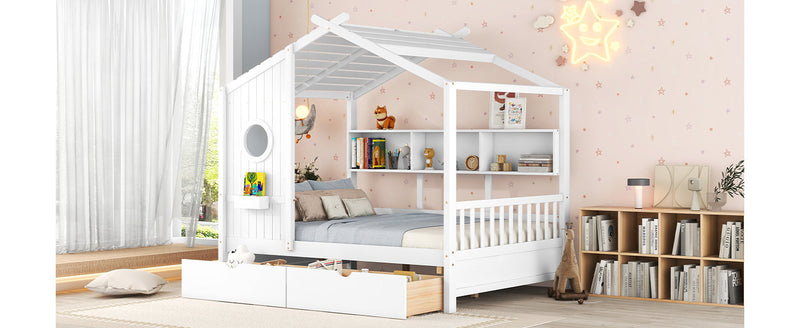 Wooden Full Size House Bed with 2 Drawers,Kids Bed with Storage Shelf, White