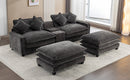 Modern Chenille Upholstered Sectional Sofa with Ottomans, USB Ports, Cup Holders, and Storage in Grey