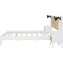 Queen Size Solid Wood Bed Frame with 2 Nightstands, Elegant Design with Lamps, Rattan and Wood Combination,White