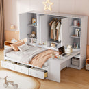 Full Size Wooden Daybed With Three Drawers, and All-in-One Cabinet, Desk and Shelves, White