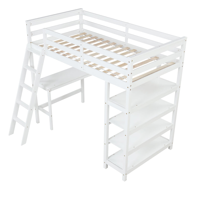 Twin Loft Bed with desk, ladder, shelves, White