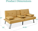 Convertible Futon Sofa Bed in Faux Leather Camel Yellow with Removable Armrests
